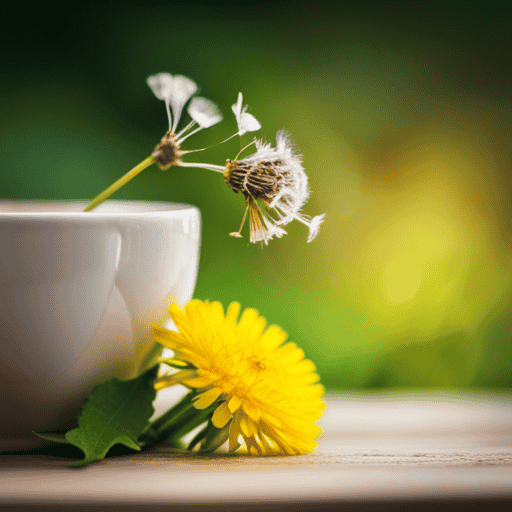 An image featuring a steaming cup of dandelion flower tea, infused with golden hues, surrounded by delicate dandelion blooms and vibrant green leaves, evoking a sense of tranquility and wellness