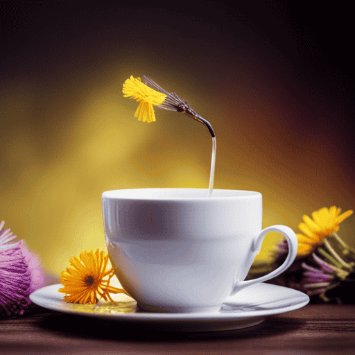 An image showcasing a vibrant dandelion leaf tea being poured into a delicate teacup, with a backdrop of colorful dandelion flowers and stems