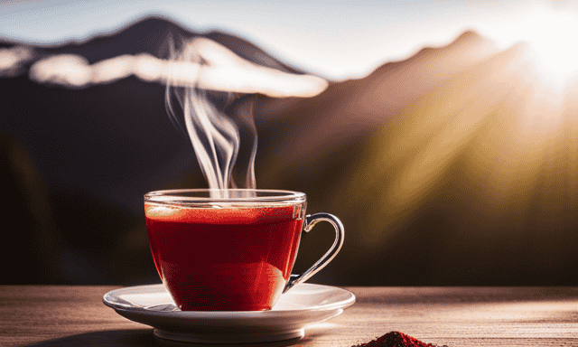 An image showcasing the vibrant red hue of a freshly brewed cup of Rooibos tea, emitting warmth and energy as delicate steam rises from the cup, enveloped by the calming embrace of nature's greenery