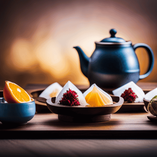 An image showcasing a vibrant and diverse collection of fruit tea sampler herbal tea bags, elegantly arranged in a wooden tray with steam rising from a ceramic teapot in the background