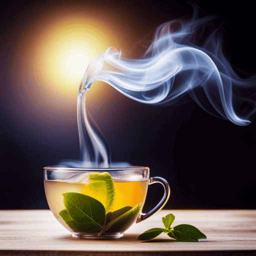 An image depicting a steaming cup of garcinia herbal tea, infused with vibrant hues of yellow and green
