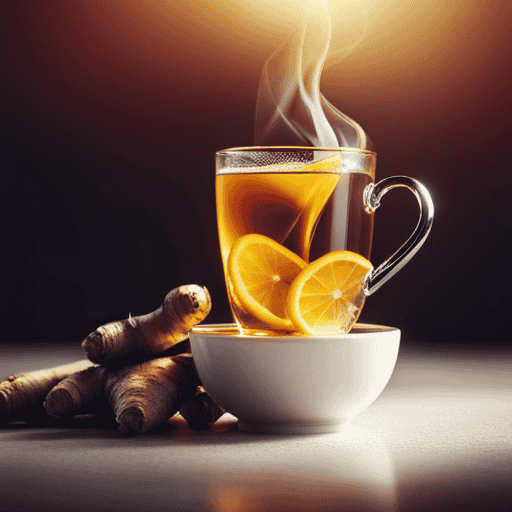 An image that showcases a steaming mug of aromatic ginger herbal tea, with vibrant golden hues emanating from the cup