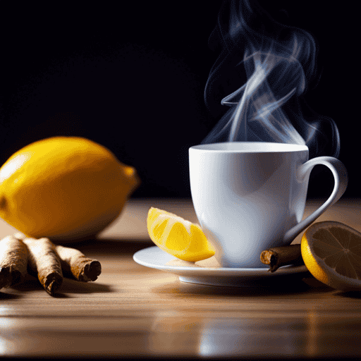 An image of a steaming cup of ginger lemon herbal tea, surrounded by vibrant lemon slices and fresh ginger roots