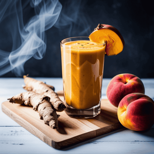 An image showcasing a vibrant ginger peach smoothie, brimming with ripe peaches and fiery ginger, surrounded by fresh turmeric roots