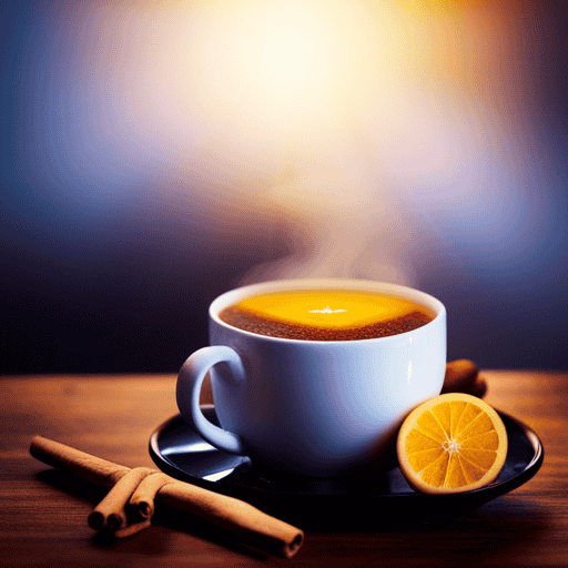 An image featuring a steaming cup of golden turmeric tea, adorned with fresh lemon slices and a sprinkle of cinnamon