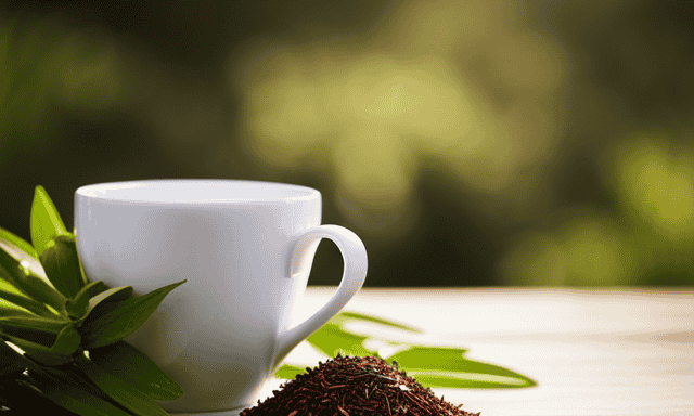 An image that showcases the verdant beauty of Green Rooibos, with delicate, emerald-hued leaves cascading in a teacup, bathed in warm sunlight, evoking a sense of freshness, tranquility, and natural goodness