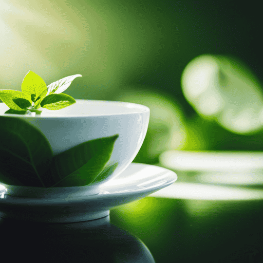 An image capturing the essence of herbal green tea: a delicate porcelain teacup brimming with vibrant, aromatic leaves, gently swirling in steaming water, surrounded by lush greenery and dappled sunlight