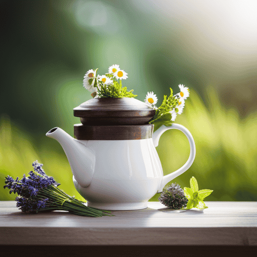 An image showcasing a vibrant assortment of aromatic herbs, such as chamomile, lavender, mint, and lemongrass, gracefully infused in a delicate teapot