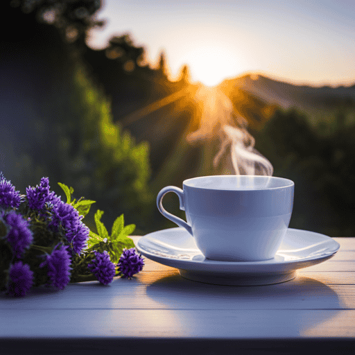 An image that showcases a vibrant assortment of aromatic herbs, delicately steeping in hot water, releasing swirling wisps of steam, while a cup of soothing herbal tea sits nearby, inviting relaxation and tranquility