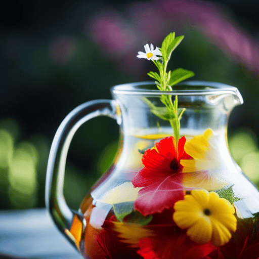 An image of a vibrant, swirling concoction in a glass pitcher, overflowing with fresh herbs like chamomile, green tea, and hibiscus
