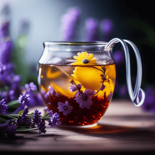 An image showcasing a vibrant glass filled with aromatic herbal tea concentrate swirling with earthy hues of chamomile, mint, and lavender, adorned with delicate flower petals and a sprig of fresh herbs