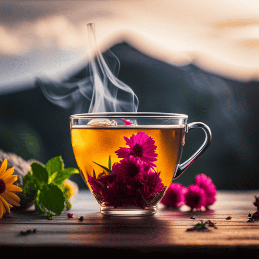 An image capturing the intricate process of infusing dried herbs and flowers into steaming water, revealing the vibrant colors and delicate aromas that emerge, showcasing the fascinating food science behind herbal tea