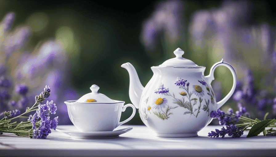 An image showcasing a serene garden scene with vibrant and aromatic herbs like chamomile, mint, and lavender
