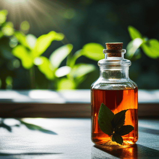 An image showcasing a glass jar filled with vibrant, translucent herbal tea simple syrup