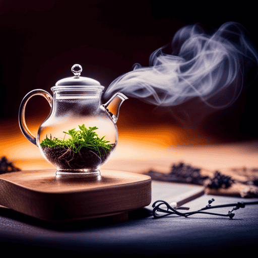 an enchanting scene of aromatic herbs delicately infusing in a teapot, releasing swirls of soothing steam