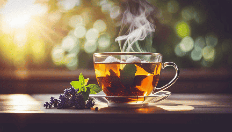 An image showcasing a steaming cup of fragrant herbal tea, with vibrant botanicals like chamomile, lavender, and mint beautifully arranged around it