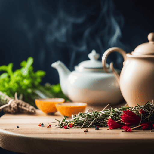 An image showcasing a serene scene of a wooden table adorned with an assortment of vibrant, freshly picked herbs, delicate tea infusers, and a steaming teapot, evoking a tranquil atmosphere for a blog post on the essence of herbal tisane tea