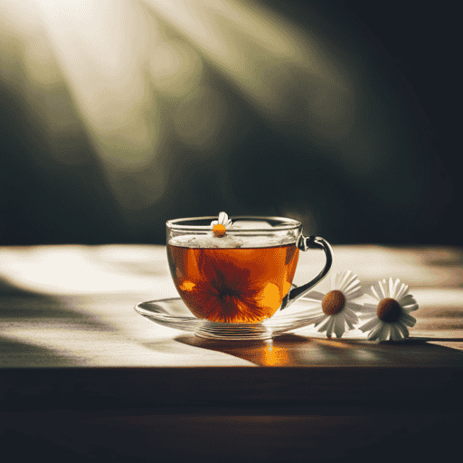 An image showcasing a steaming cup of honey-infused chamomile herbal tea, delicately flavored with vanilla
