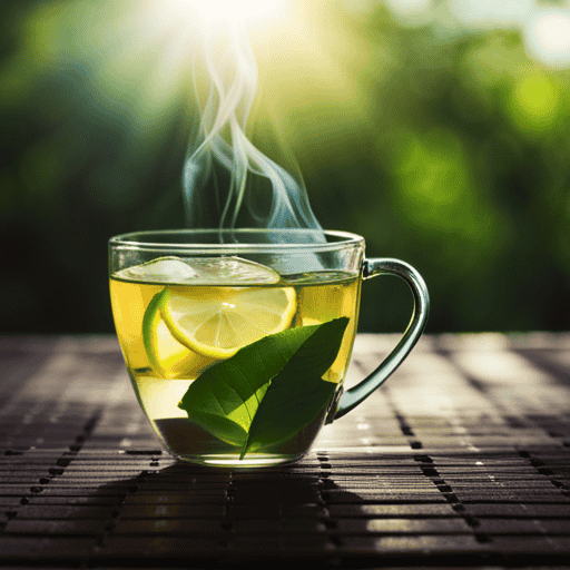 An image featuring a vibrant cup of steaming hot herbal green tea, filled with antioxidant-rich green tea leaves, delicate herb sprigs, and slices of fresh lemon, exuding a refreshing aroma that invigorates the senses
