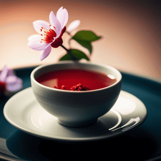 An image showcasing a vibrant, intricately designed Chinese teacup filled with a warm, earthy herbal fertility tea