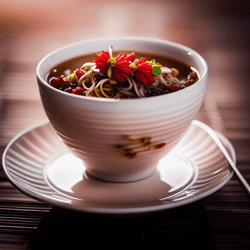 An image depicting a graceful porcelain teacup filled with a vibrant, fragrant brew of dried chrysanthemum flowers, goji berries, and licorice root, showcasing the rich colors and intricate textures of Chinese herbal tea