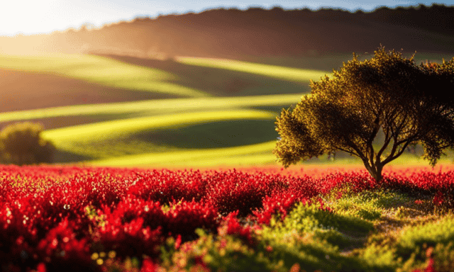 the essence of Fields of France Rooibos Tea in an image: A sprawling plantation, bathed in warm sunlight, where vibrant green rooibos bushes stretch towards the horizon; delicate crimson leaves, rich with flavor, waiting to be harvested