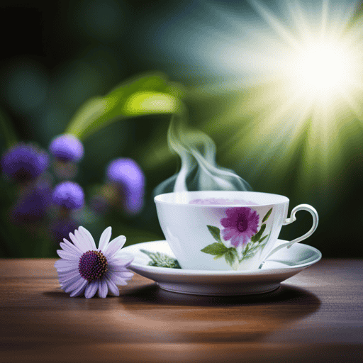 An image depicting a serene scene of a teacup filled with Malwa Formula 6 Calm and Relax Herbal Tea, surrounded by aromatic chamomile flowers, a hint of lavender, and soothing steam rising from the cup