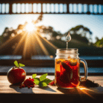 An image showcasing the intricate process of brewing organic Kombucha Yogi Tea: vibrant green tea leaves steeping in glass jars, surrounded by colorful fruits, herbs, and delicate scoby cultures, all bathed in soft filtered sunlight