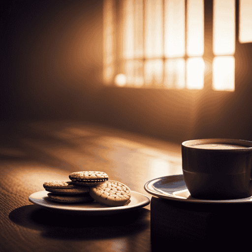 An image showcasing the rich, warm hues of a steaming cup of Postum, revealing its aromatic blend of roasted wheat, molasses, and malted barley, accompanied by a stack of freshly baked biscuits
