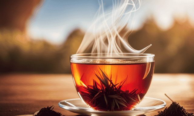 An image showcasing a vibrant, crimson-hued cup of Rooibos tea, with delicate wisps of steam rising from the surface
