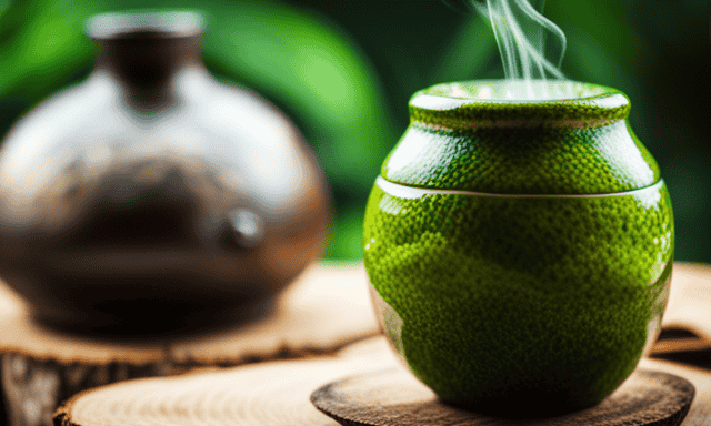 An image showcasing a vibrant, gourd-shaped yerba mate cup filled with steaming, earthy-green liquid