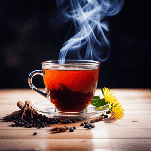 An image showcasing a steaming cup of Yogi Detox Tea, filled to the brim with vibrant, organic ingredients such as dandelion root, juniper berry, and ginger root, exuding a refreshing aroma