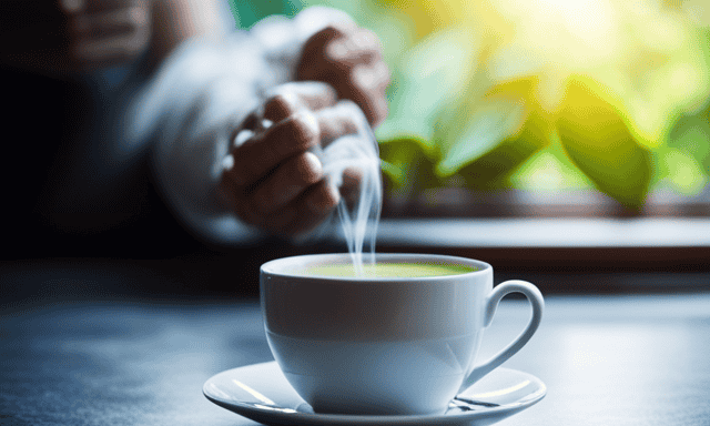 An image that portrays a serene scene: a warm cup of Oolong tea cradled in delicate hands, steam rising gently, surrounded by lush green tea leaves and soft, natural light filtering through a window