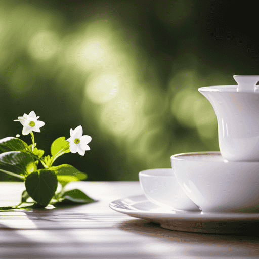 An image of a serene, sunlit garden adorned with delicate jasmine flowers and teacups filled with aromatic jasmine herbal tea, exuding a calming aura that invites relaxation and tranquility