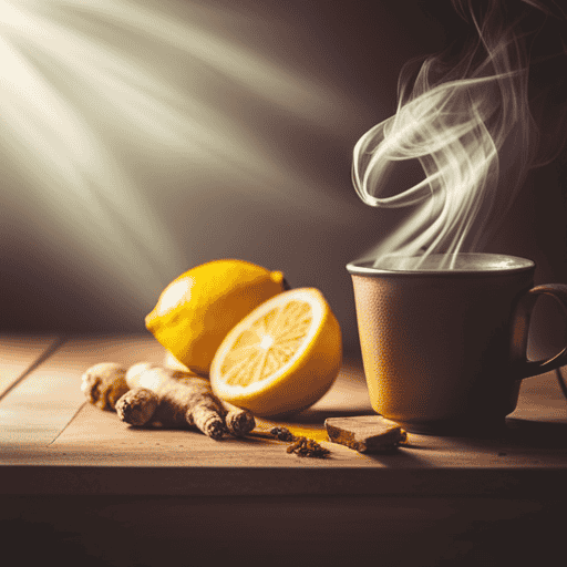 An image of a steaming cup of lemon and ginger herbal tea, surrounded by vibrant lemon slices and fragrant ginger root