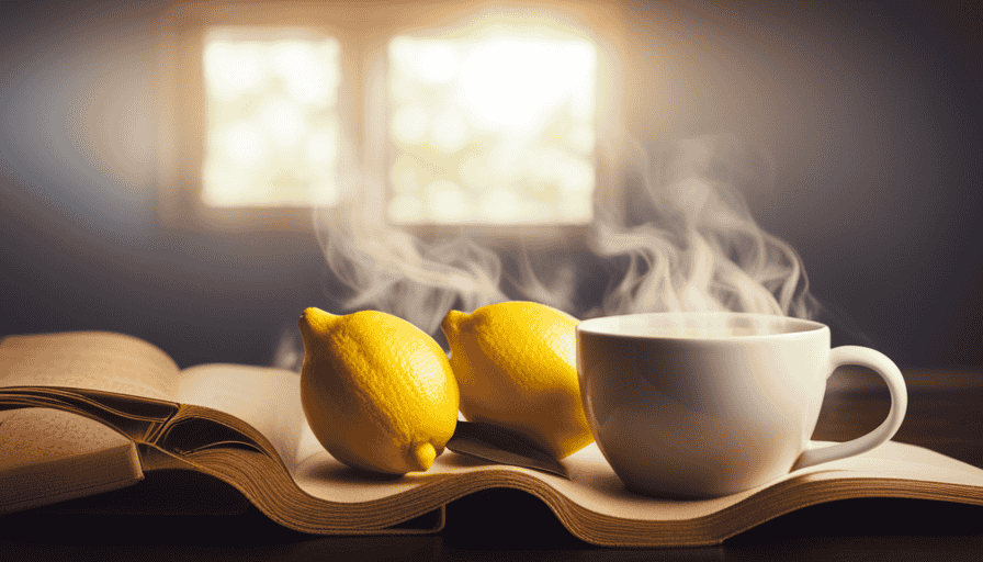 An image that showcases a warm mug filled with aromatic lemon ginger herbal tea, steam rising above it