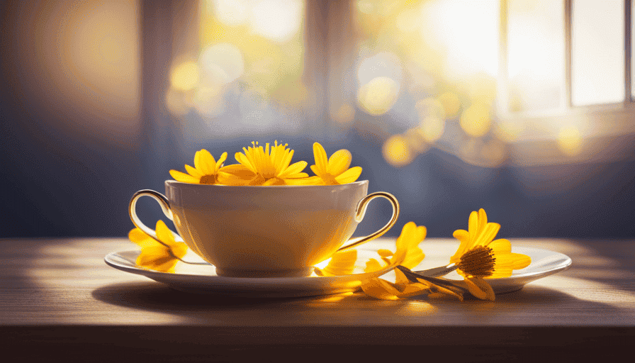 An image capturing the delicate beauty of linden flower tea: a steaming ceramic teacup adorned with vibrant golden-hued petals, emanating a soothing aroma