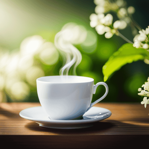 An image showcasing a delicate white teacup filled with steaming, fragrant linden flower tea