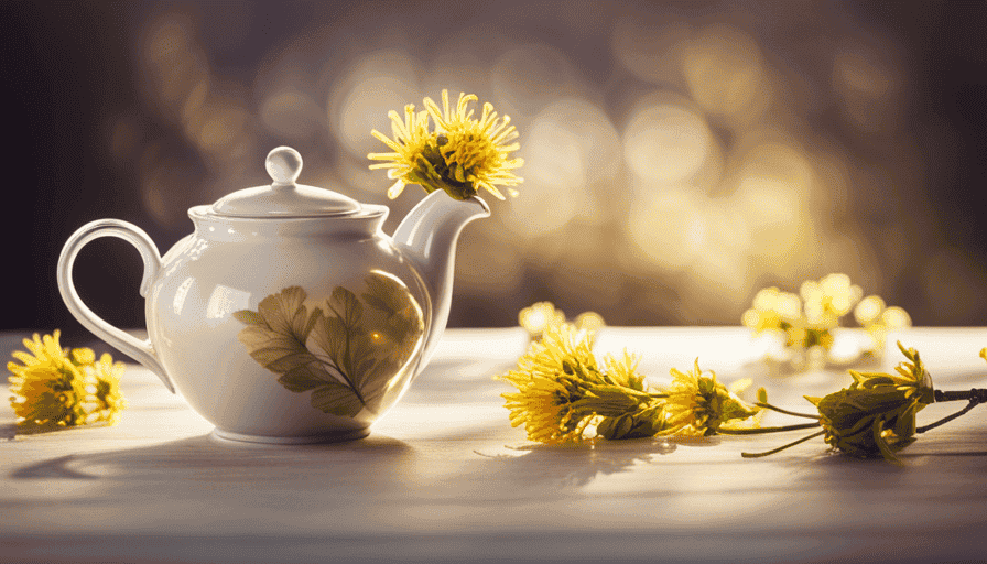 An image showcasing a delicate porcelain tea set, adorned with vibrant linden flowers floating in a steaming cup of golden-hued tea