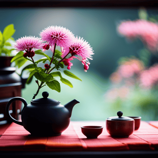 An image showcasing a traditional tea ceremony with a variety of aromatic plants and flowers, emphasizing the absence of tea leaves