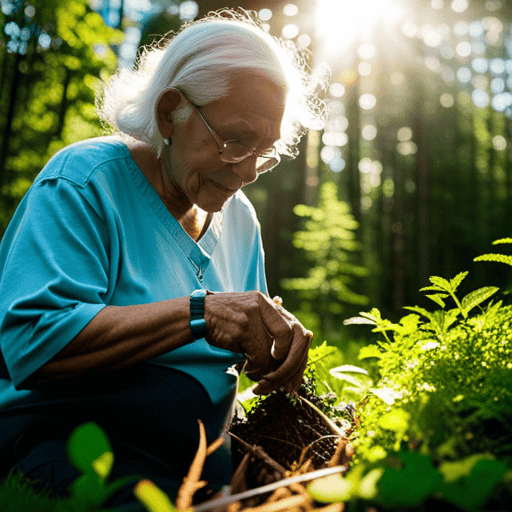 An image that showcases a serene Ojibwa elder gently plucking herbs from the lush forest floor, surrounded by vibrant flora
