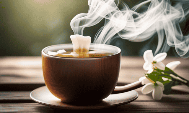 An image of a steaming cup of oolong tea, delicately balanced on a rustic wooden saucer
