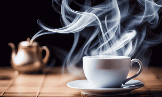 An image of a steaming cup of oolong tea, positioned next to a teapot filled with loose tea leaves