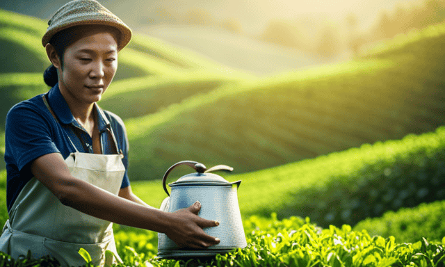An image of a serene, sunlit tea plantation with lush green leaves, where skilled hands carefully pluck delicate oolong tea leaves