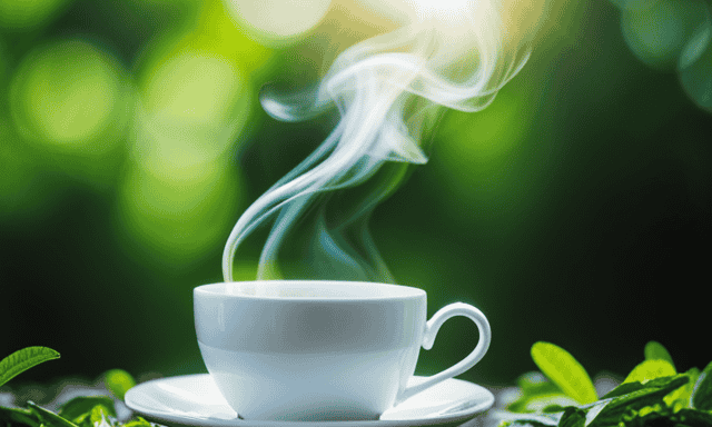 An image that showcases a serene scene of a steaming cup of oolong tea, surrounded by lush green tea leaves, with delicate wisps of steam curling upwards, conveying a sense of relaxation, health, and the soothing benefits of oolong tea