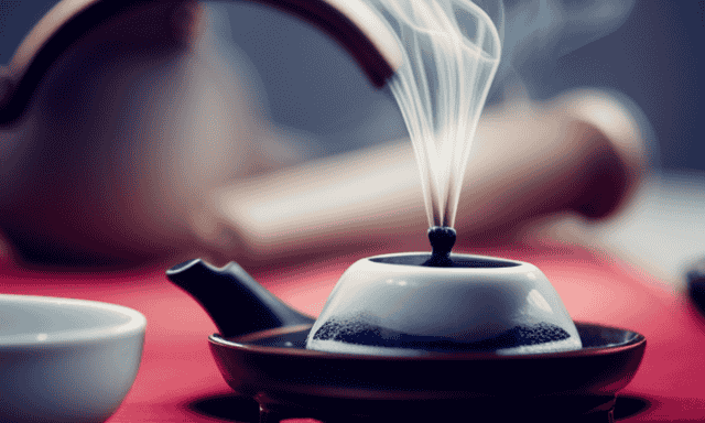 An image featuring a traditional Chinese tea ceremony: a serene setting with a delicate porcelain teapot pouring steaming oolong tea into small cups, showcasing the elegant tea leaves unfurling amidst wisps of aromatic steam