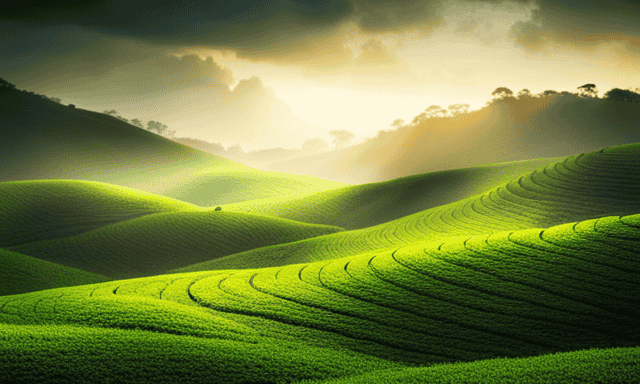An image showcasing a lush tea plantation, with rows of meticulously maintained tea bushes boasting vibrant green leaves, gently swaying in the breeze