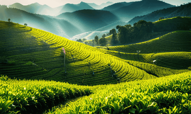 An image showcasing a sun-kissed tea plantation, surrounded by rolling hills