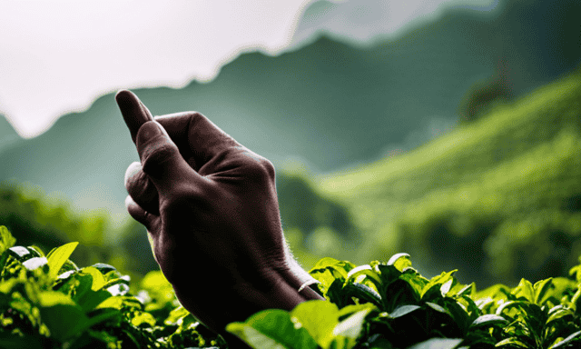 An image showcasing the intricate process of harvesting oolong tea leaves, capturing the skilled hands plucking the delicate, vibrant leaves from the tea plant against a backdrop of lush greenery and mist-covered mountains