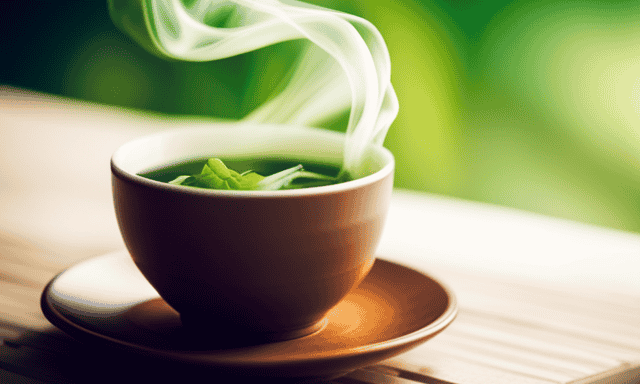 An image showcasing a steaming cup of Oolong tea, with delicate wisps of steam rising from its amber-hued surface